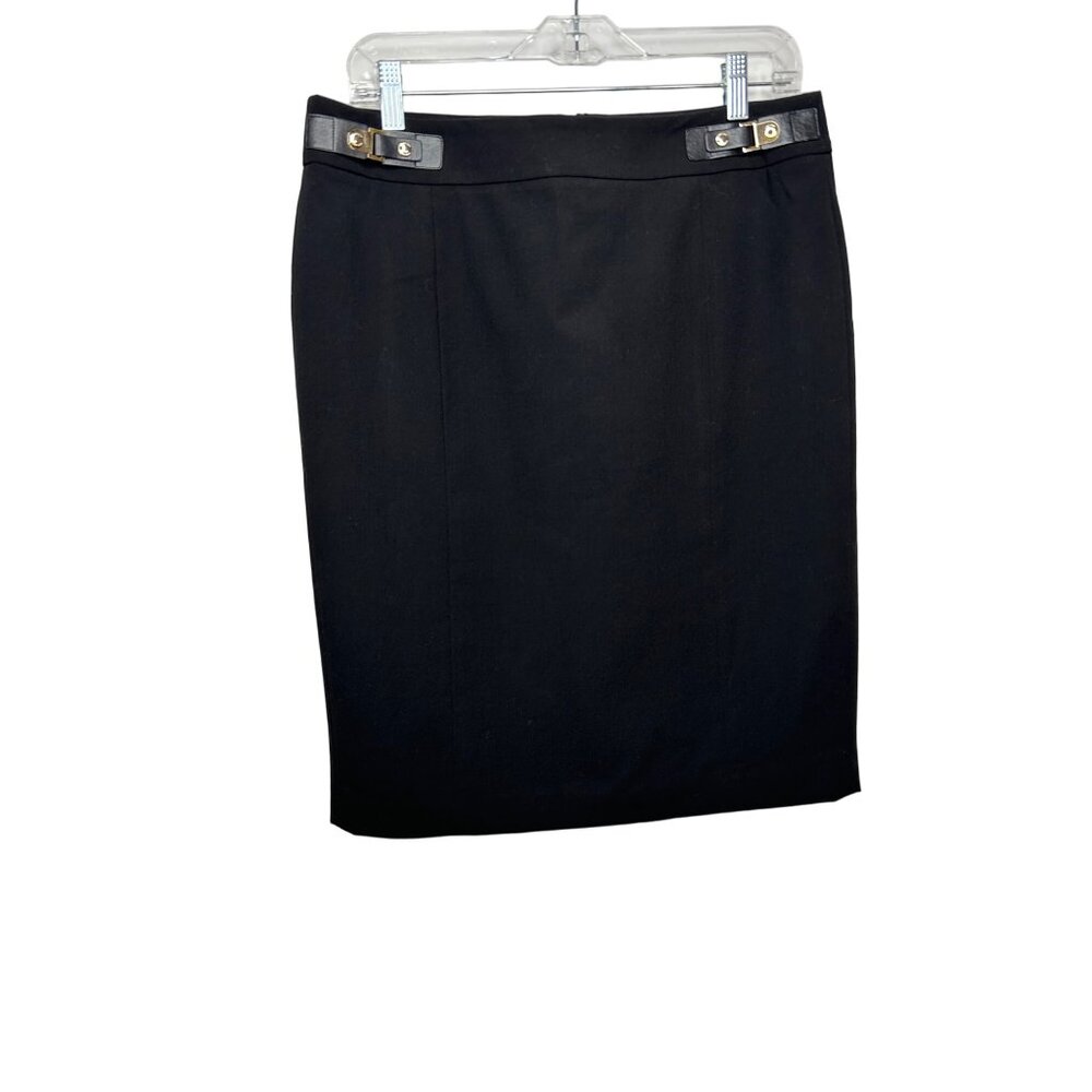 Calvin Klein Black Pencil Skirt 10 Faux Leather Tabs Back Slit Zip Career Party